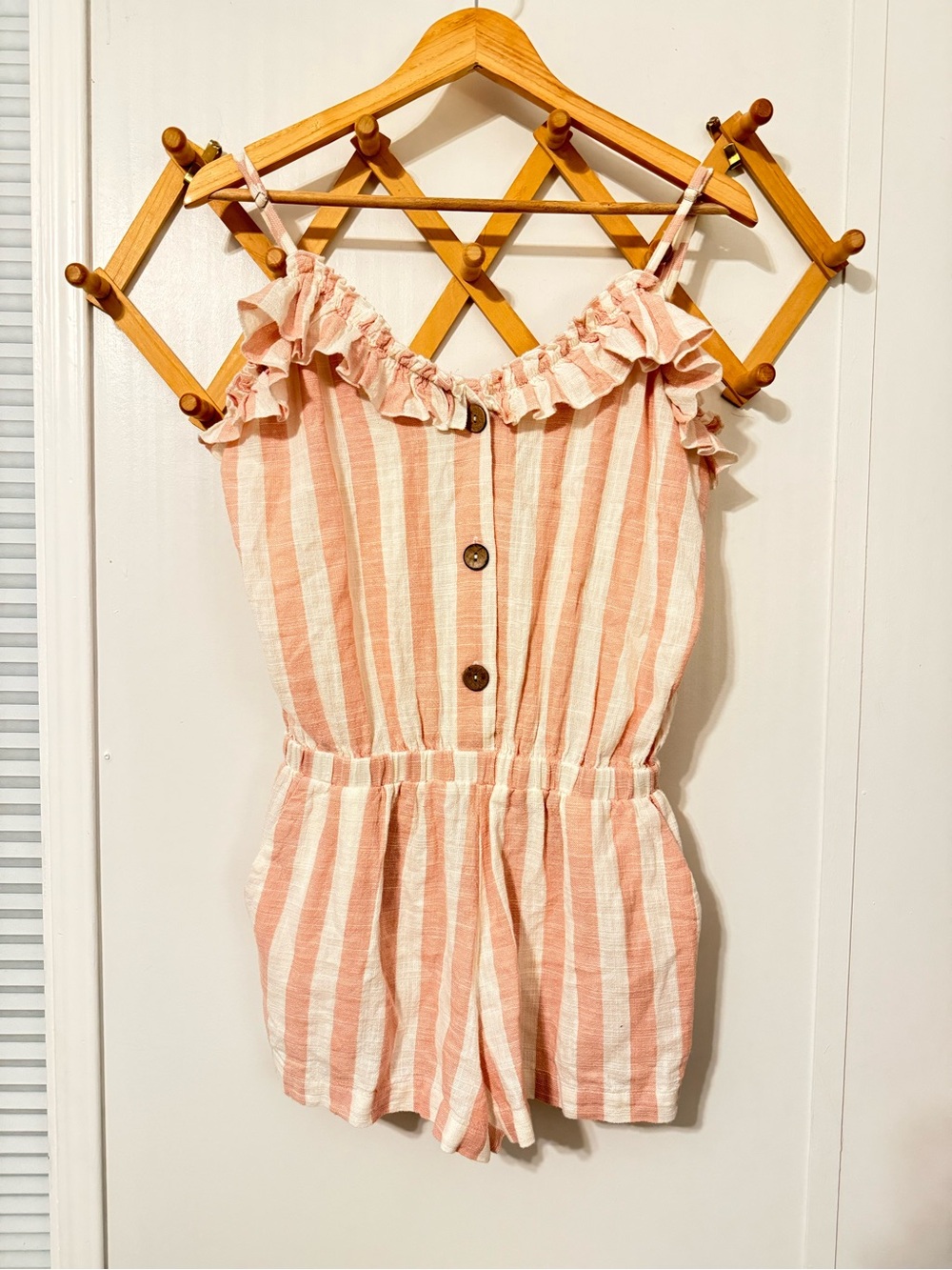 Women’s Vintage Havana Pink and White Striped Ruffle Romper